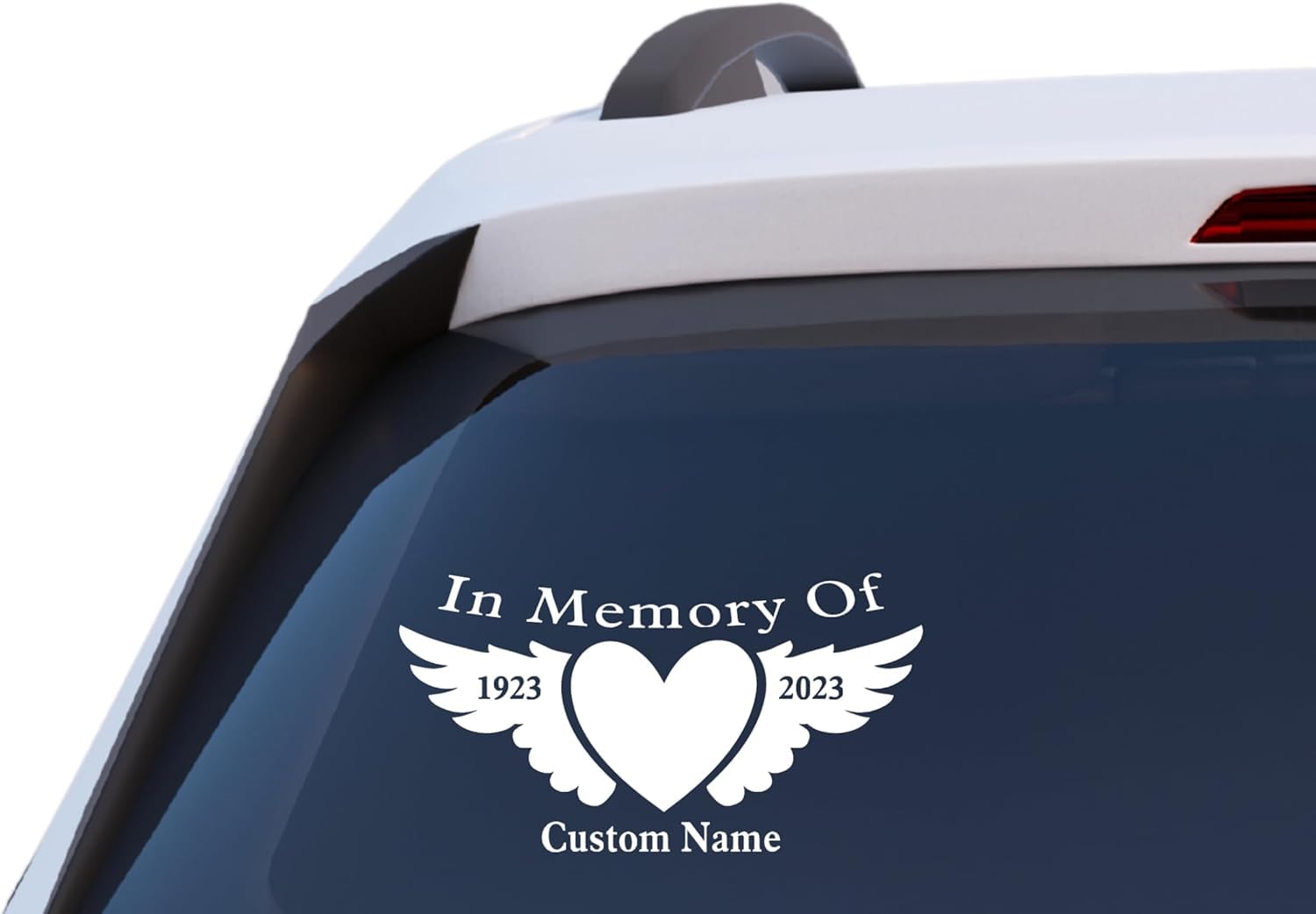 in Memory of Memorial Decal, Angel Wings with Heart Design, Custom Name and Dates, Vinyl Car Window Sticker