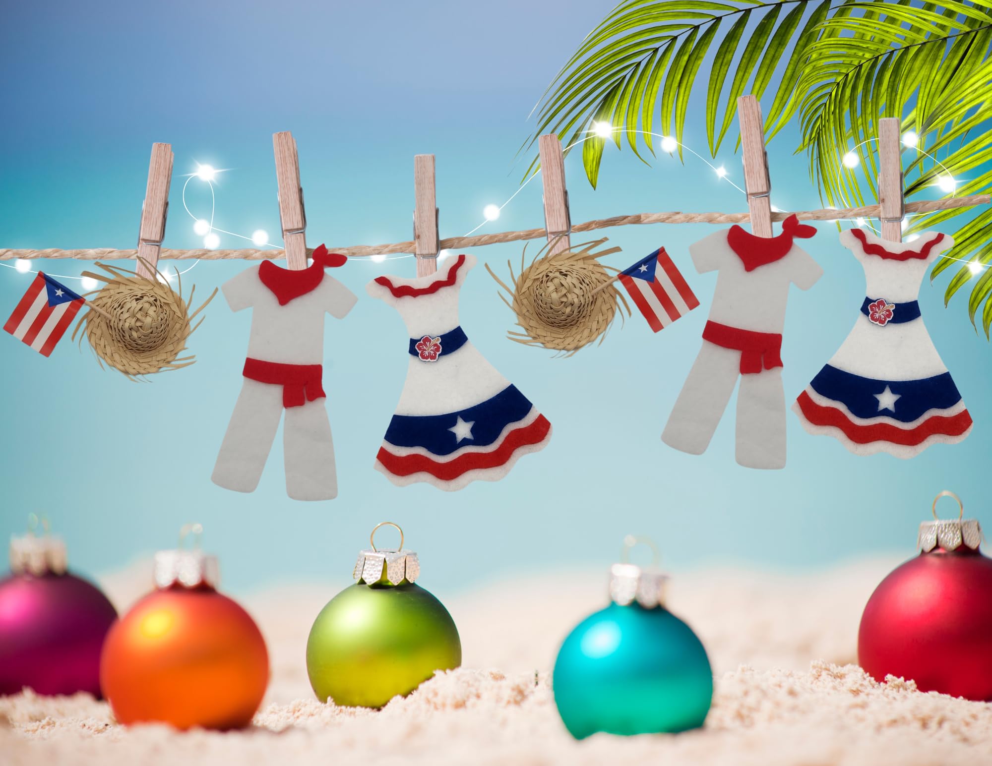 Jibaro Puerto Rican Theme Patriotic Clothes Line Garland, Red White Blue Felt Fabric Dresses and Outfit with Mini Pavita Hats, 3ft Decorative Garland String with Wooden Clips, Football Party Decor