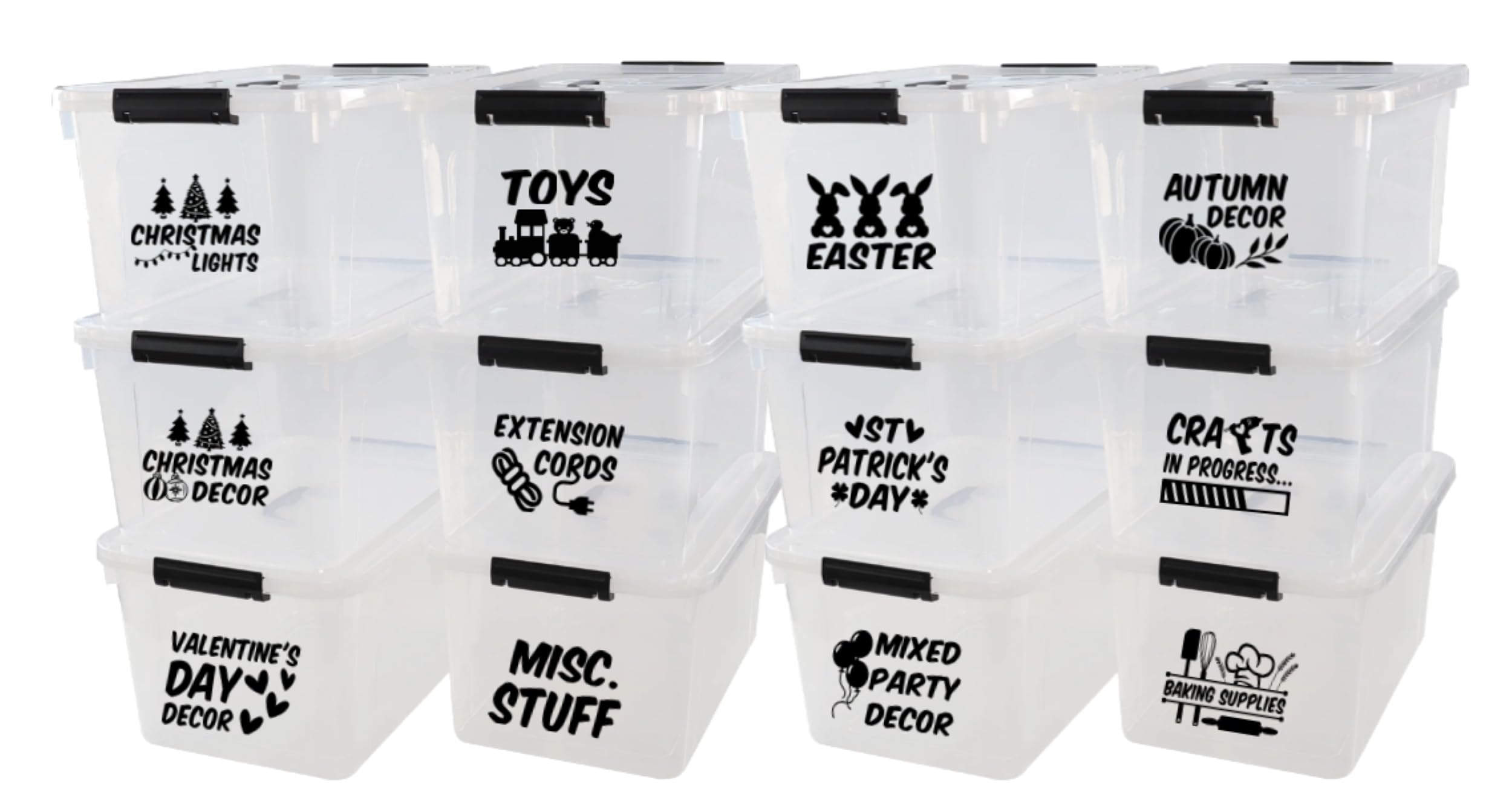 Seasonal & Storage Bin Label Vinyl Decals – Organization Labels for Plastic Storage Bins – Multiple Styles & Colors Available