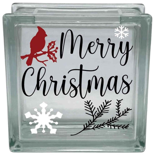 Merry Christmas Cardinal Glass Block Decal with Snowflakes and Pine Branch Design, Holiday Decoration Vinyl Sticker in Red, Black, and White (Glass Block Not Included)