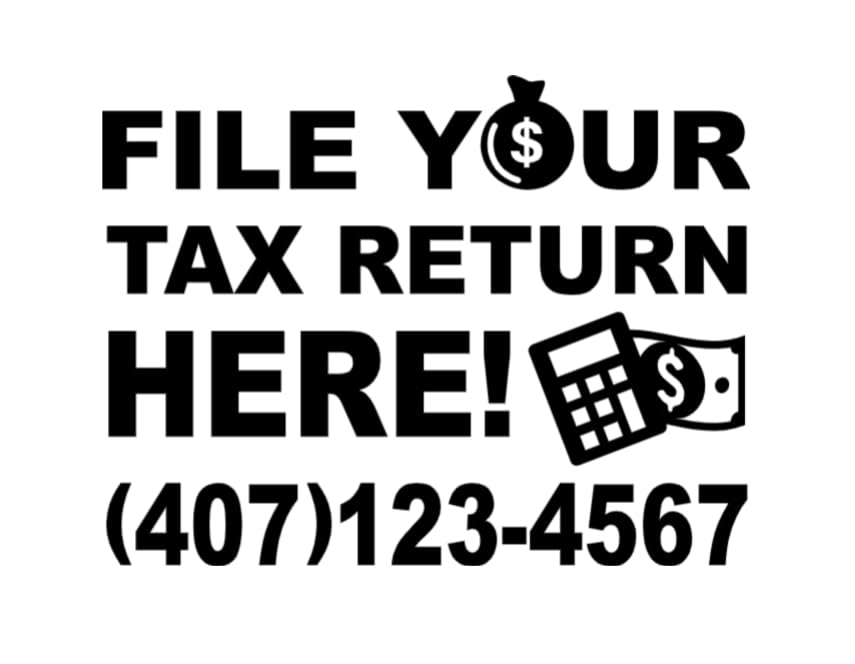 File Your Tax Return Here Vinyl Decal with Phone Number, Custom Business Window Sticker with Money Graphics