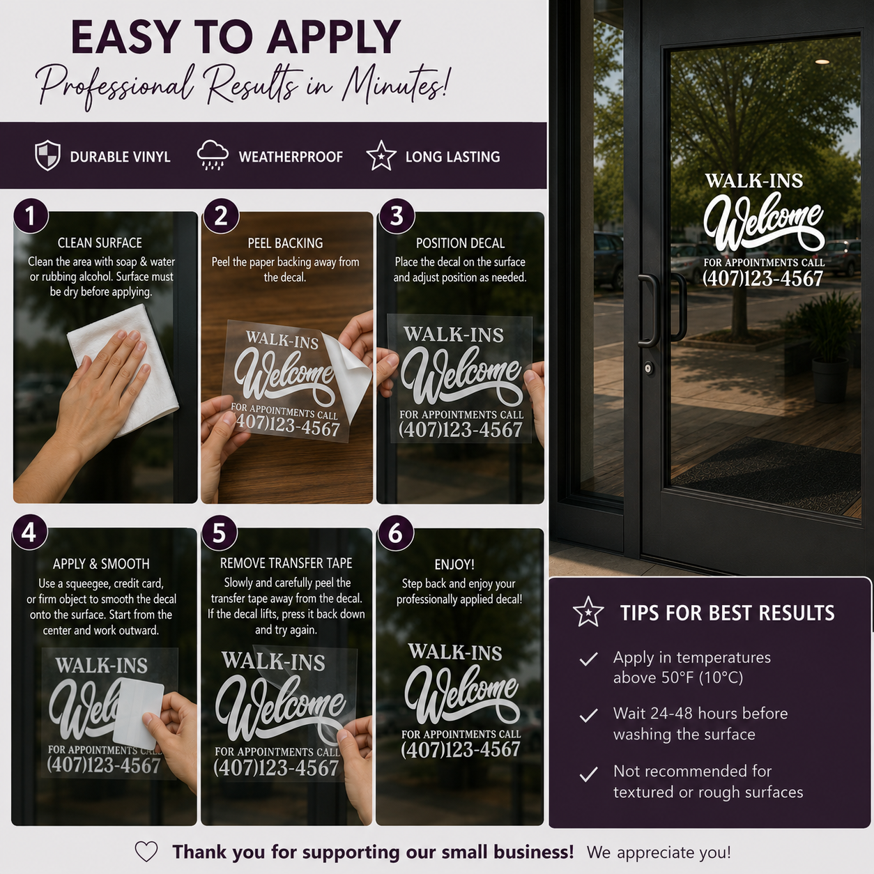 Walk-Ins Welcome Decal with Custom Phone Number - Business Door Window Sticker - Random Little Finds