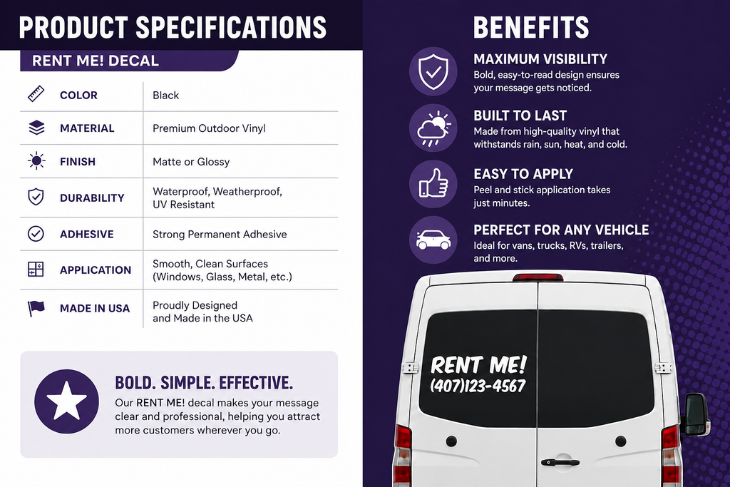 Custom Vehicle Window Decal for Business Advertising – RENT ME Vinyl Sticker for Vans, Trucks, RVs & Trailers - Random Little Finds