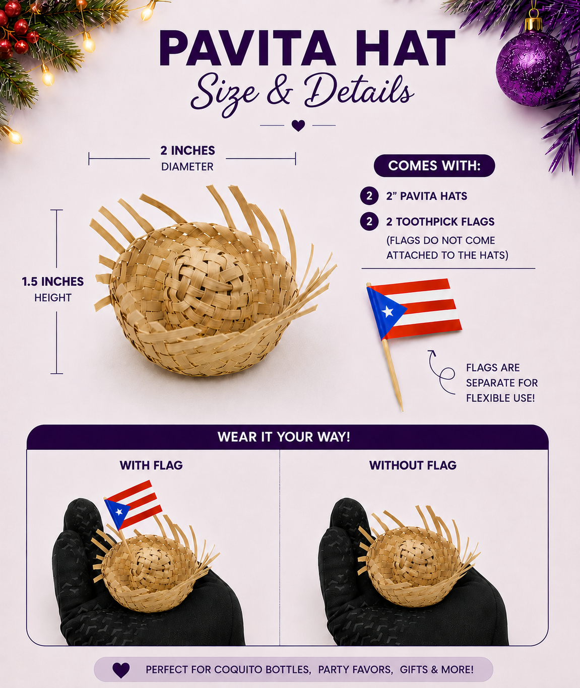 Pack of 2 Mini Pava Straw Hats - Traditional Pavita Hats from Puerto Rico - Random Little Finds
