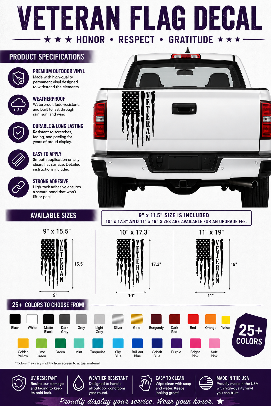 Veteran Flag Truck Decal | Distressed American Flag Vinyl Sticker