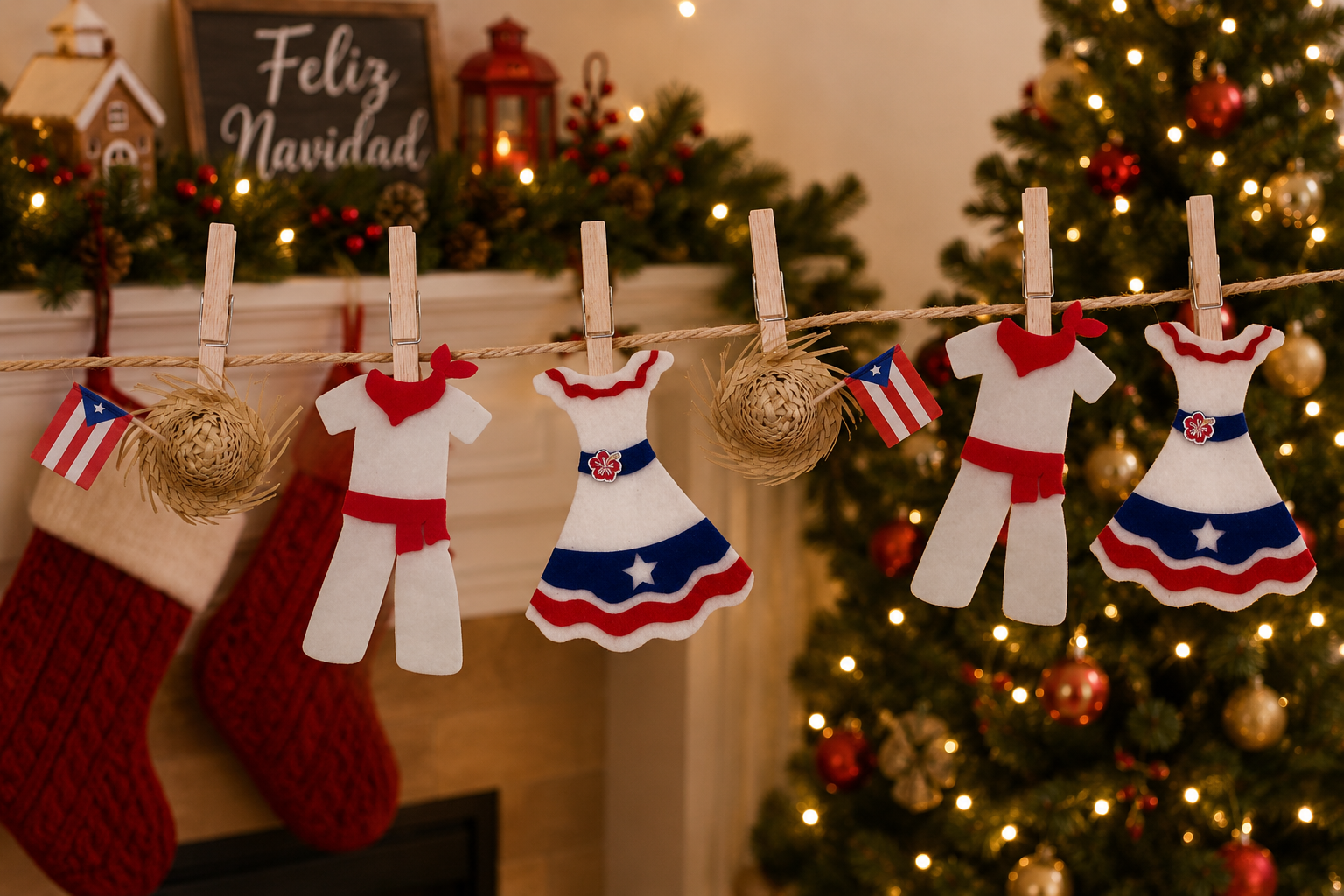 Jibaro Puerto Rican Theme Garland, Red White Blue, 3ft - Random Little Finds