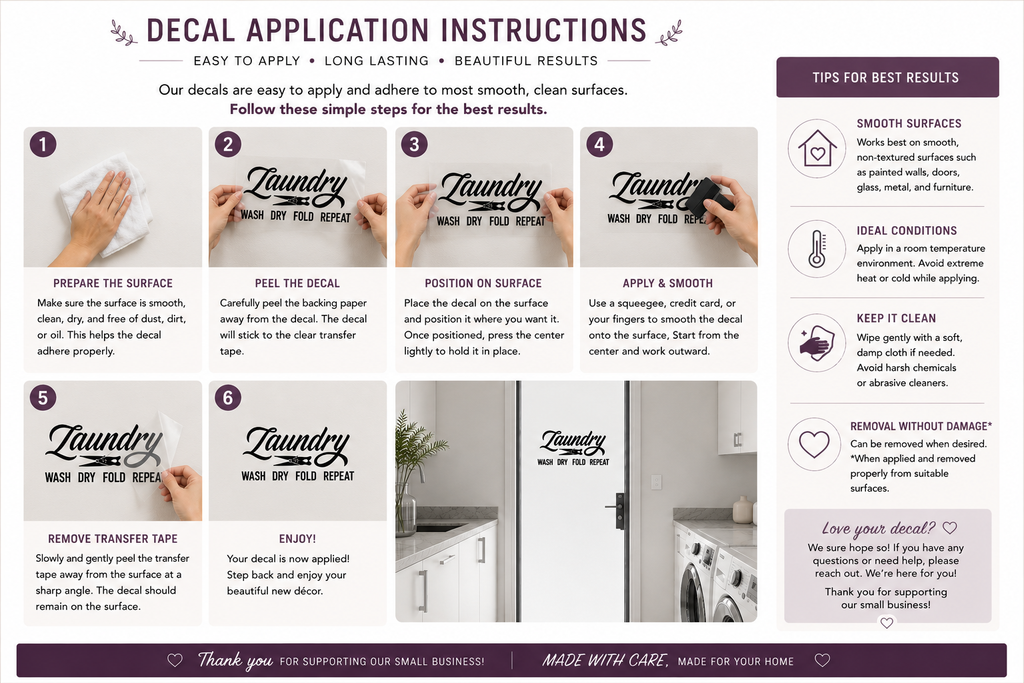 Laundry Decal Vinyl Art - Wash Dry Fold Repeat for Your Door in Various Color Options - Random Little Finds