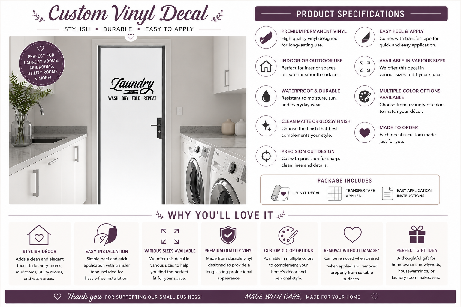 Laundry Decal Vinyl Art - Wash Dry Fold Repeat for Your Door in Various Color Options - Random Little Finds