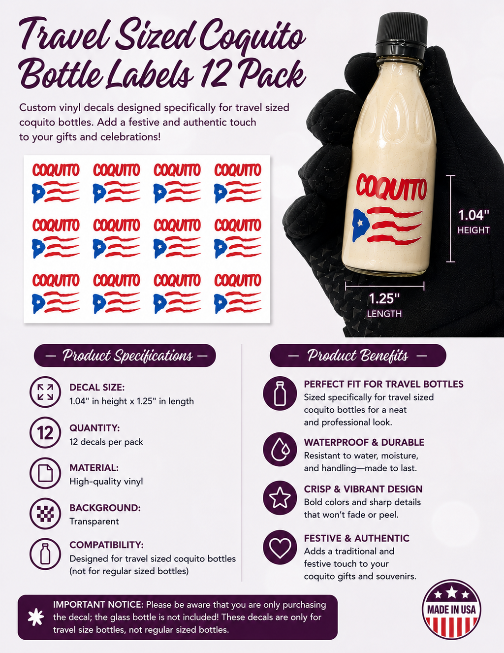 Puerto Rico Coquito Bottle Decals - Travel Size 12 Pack - Random Little Finds