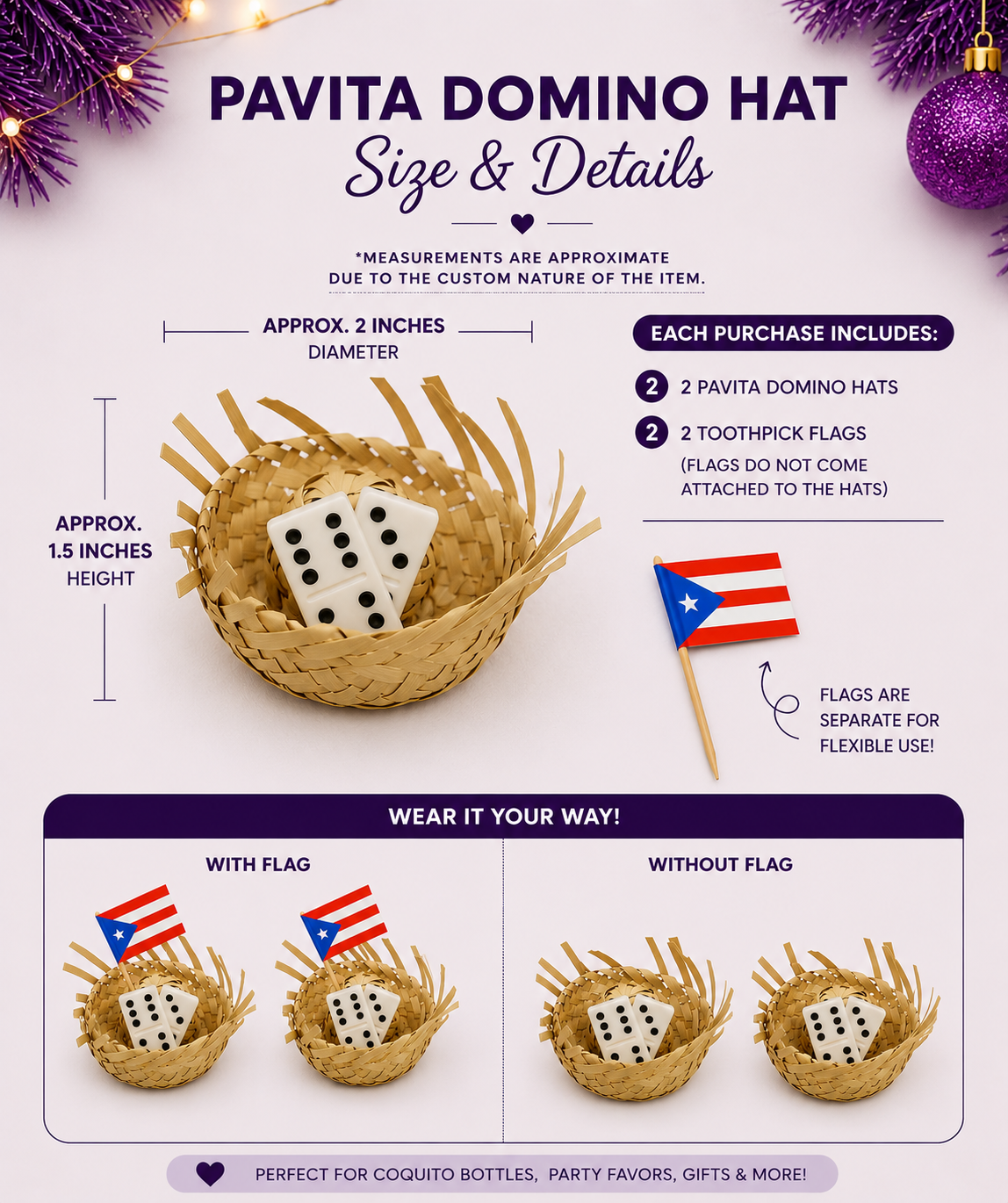 Pack of 2 Mini Pavita Hats Party Favors with Traditional Domino Flags - Random Little Finds