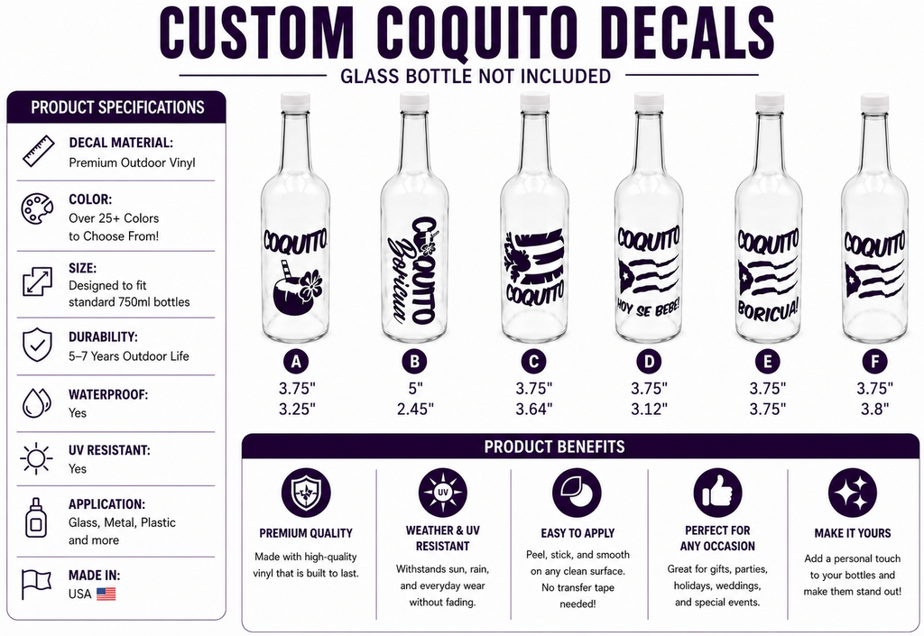 Coquito Bottle Decals Custom Color Puerto Rico Flag Stickers - Custom Coquito Bottle Decals 2-12 Pack - Random Little Finds