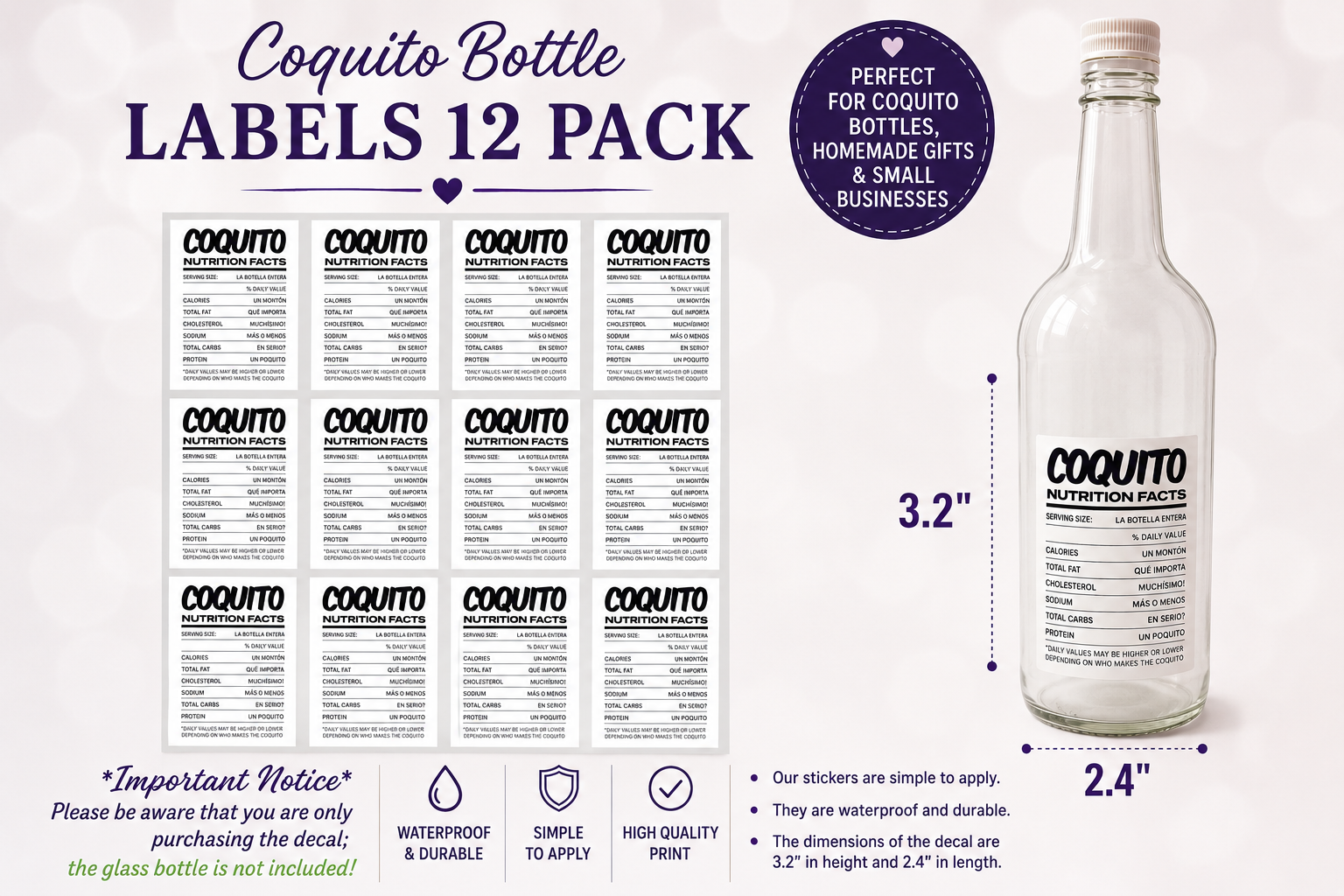 Coquito Nutrition Facts Stickers – 12 Pack Waterproof Bottle Labels for Homemade Coquito Gifts