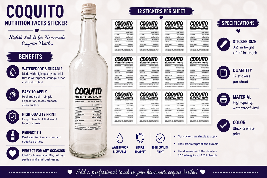 Coquito Nutrition Facts Stickers – 12 Pack Waterproof Bottle Labels for Homemade Coquito Gifts