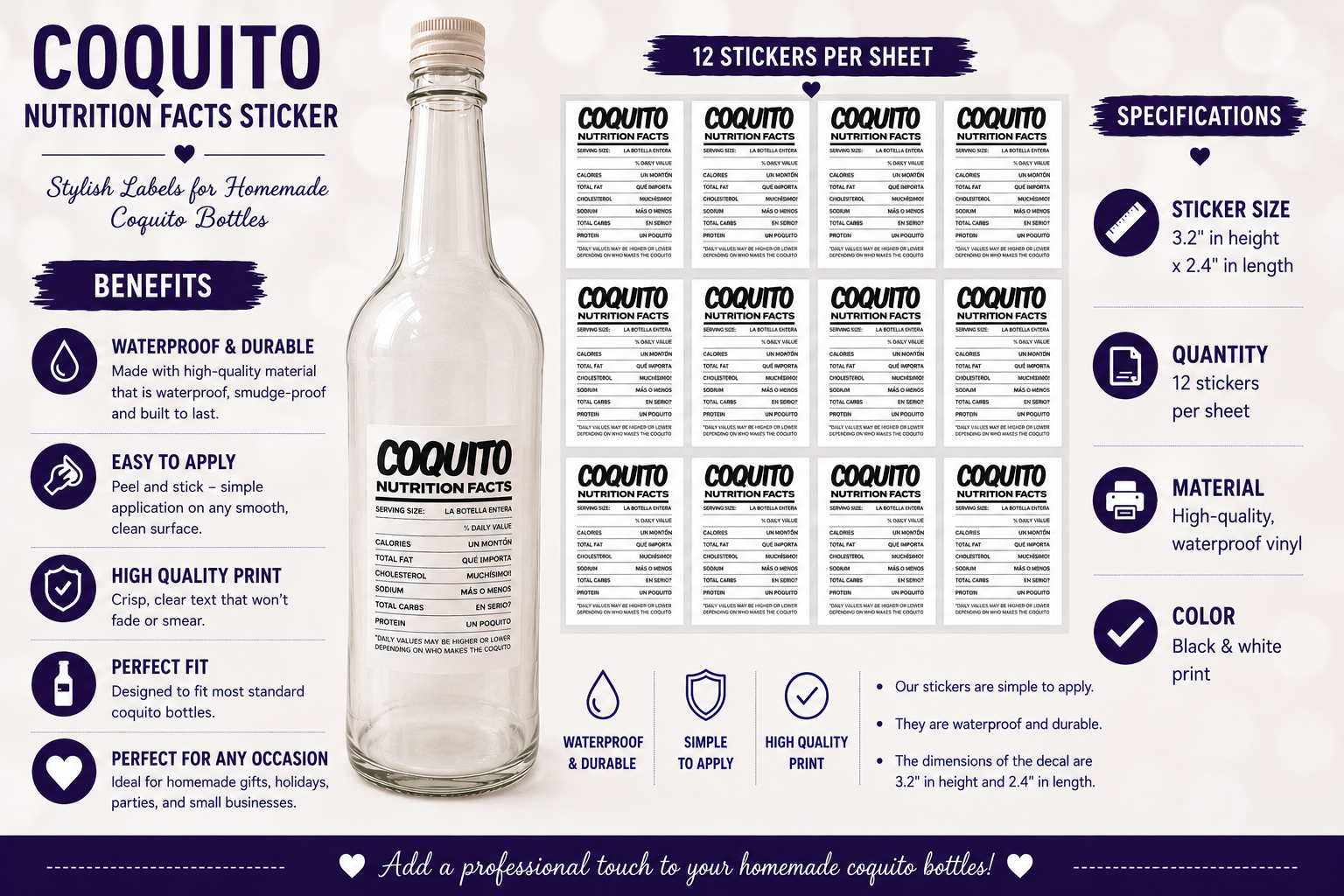 Coquito Nutrition Facts Stickers – 12 Pack Waterproof Bottle Labels for Homemade Coquito Gifts