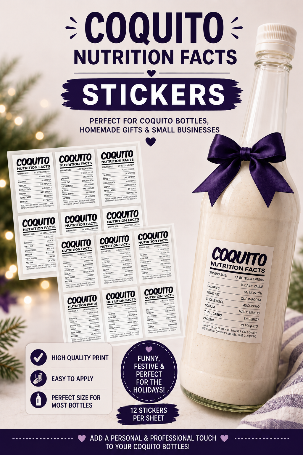 Coquito Nutrition Facts Stickers – 12 Pack Waterproof Bottle Labels for Homemade Coquito Gifts