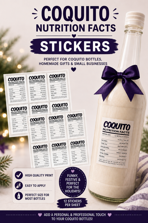 Coquito Nutrition Facts Stickers – 12 Pack Waterproof Bottle Labels for Homemade Coquito Gifts