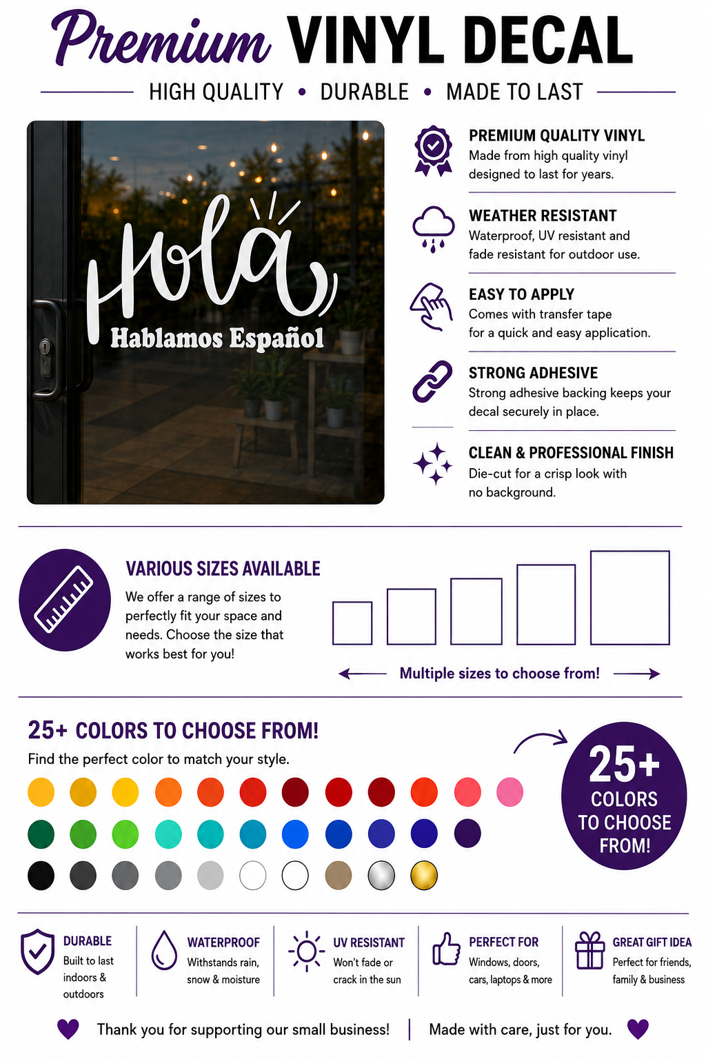 Hola Hablamos Español Vinyl Store Window Decal - Spanish Language Sign for Business Door Sticker - Random Little Finds