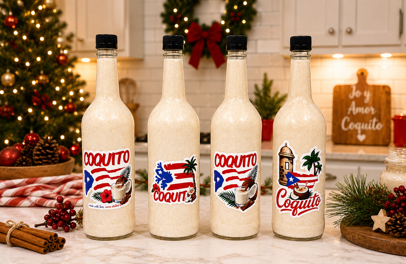 Puerto Rican Coquito Bottle Stickers | 750ml Bottle Decals | Christmas Bottle Labels | 4 Designs | 6 or 12 Pack | Boricua Gift