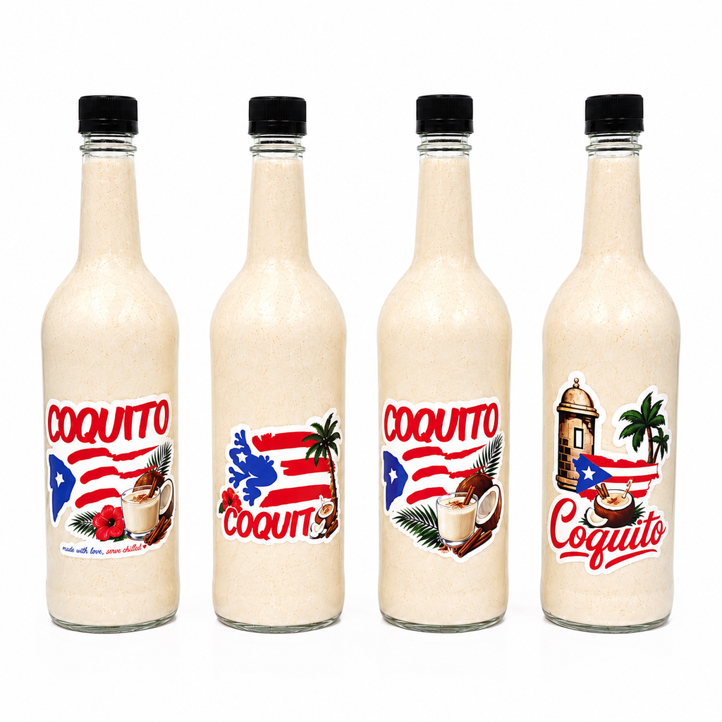 Puerto Rican Coquito Bottle Stickers | 750ml Bottle Decals | Christmas Bottle Labels | 4 Designs | 6 or 12 Pack | Boricua Gift
