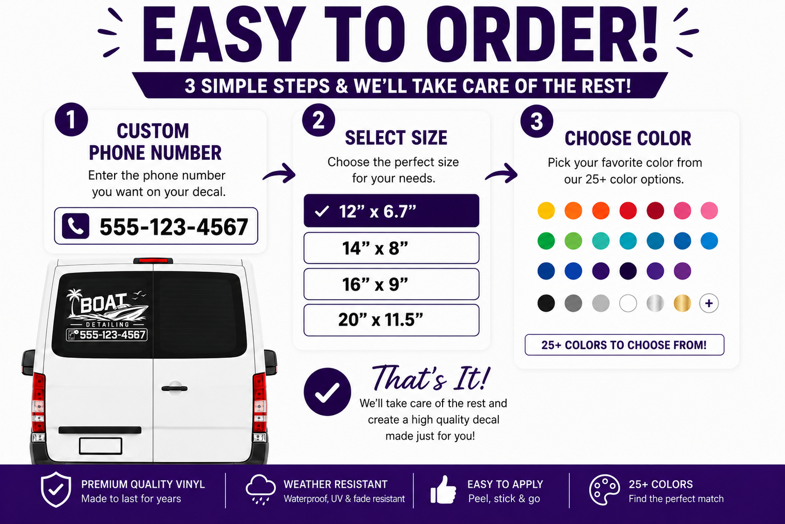 Boat Detailing Custom Rear Window Business Decal | Personalized Phone Number Vinyl for Work Vans & Trucks