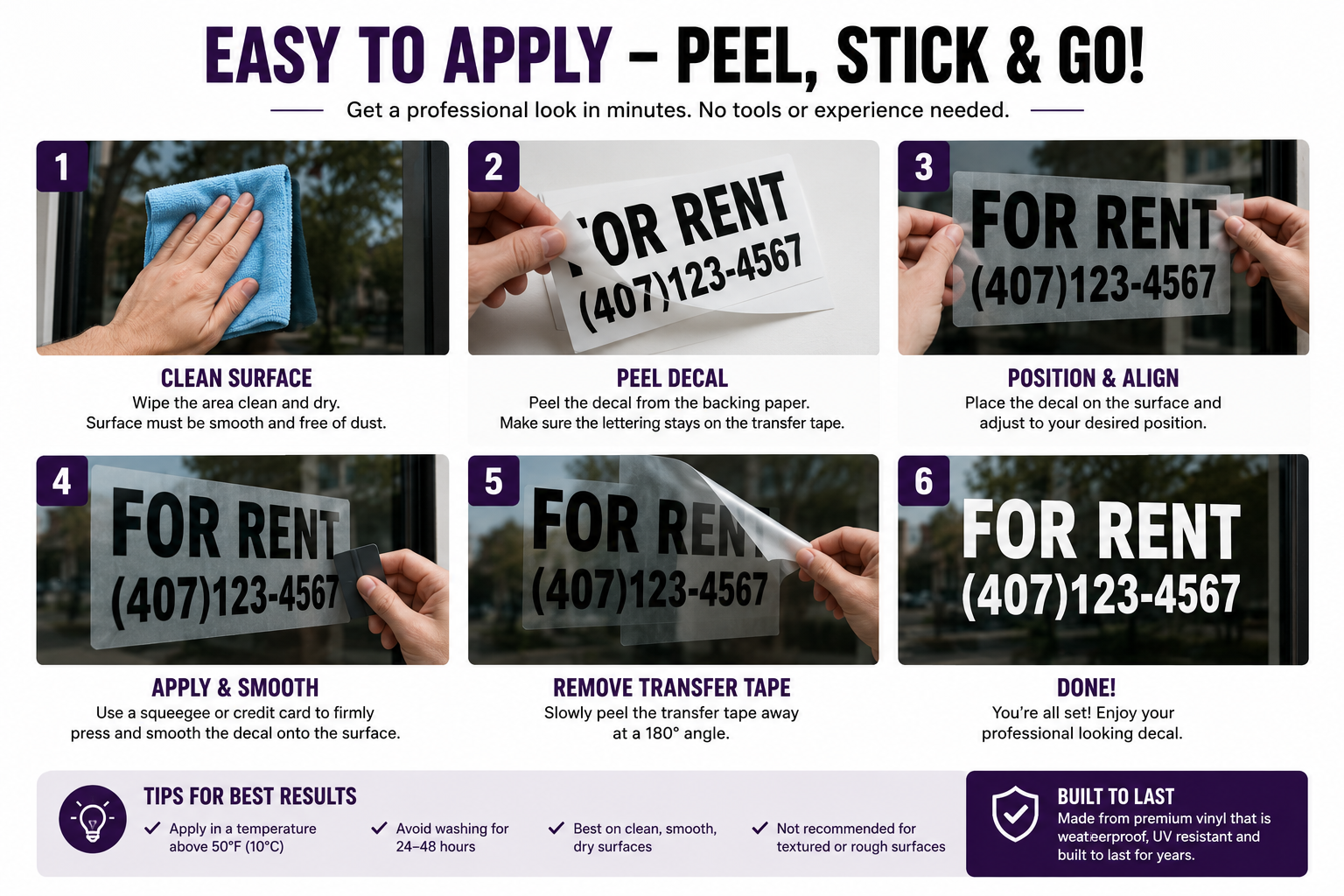 Shopify Title  Custom For Rent Decal with Phone Number | Personalized Rental Property Window Sign - Random Little Finds