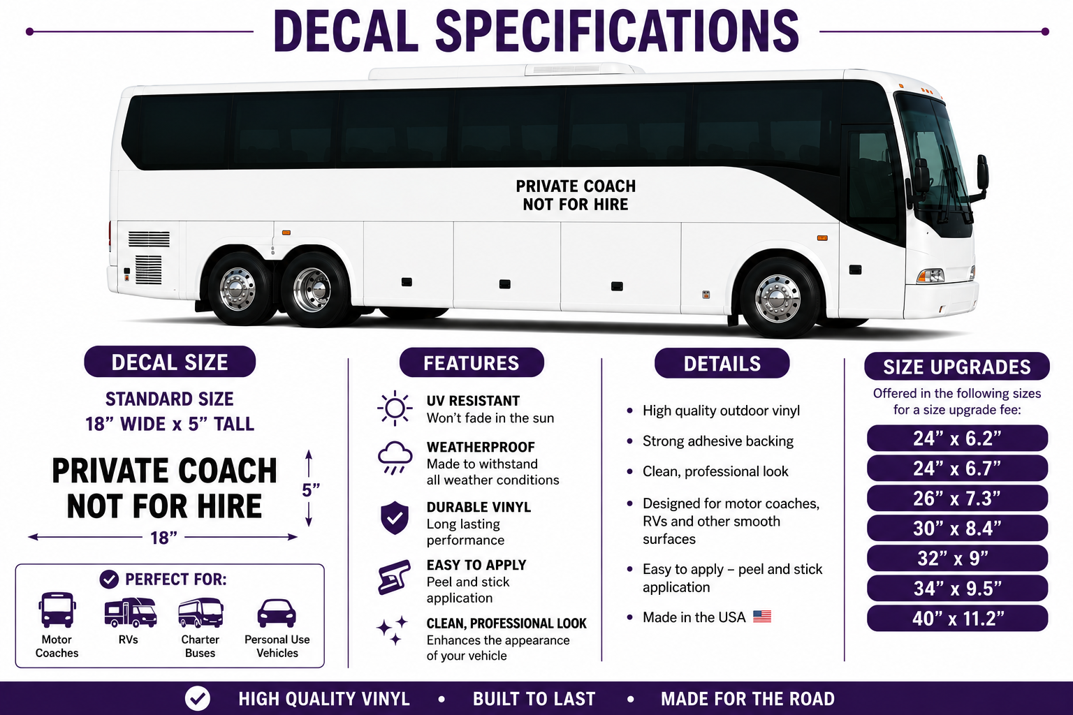 Private Motor Coach Not for Hire Set of 2 Vinyl Decal Stickers
