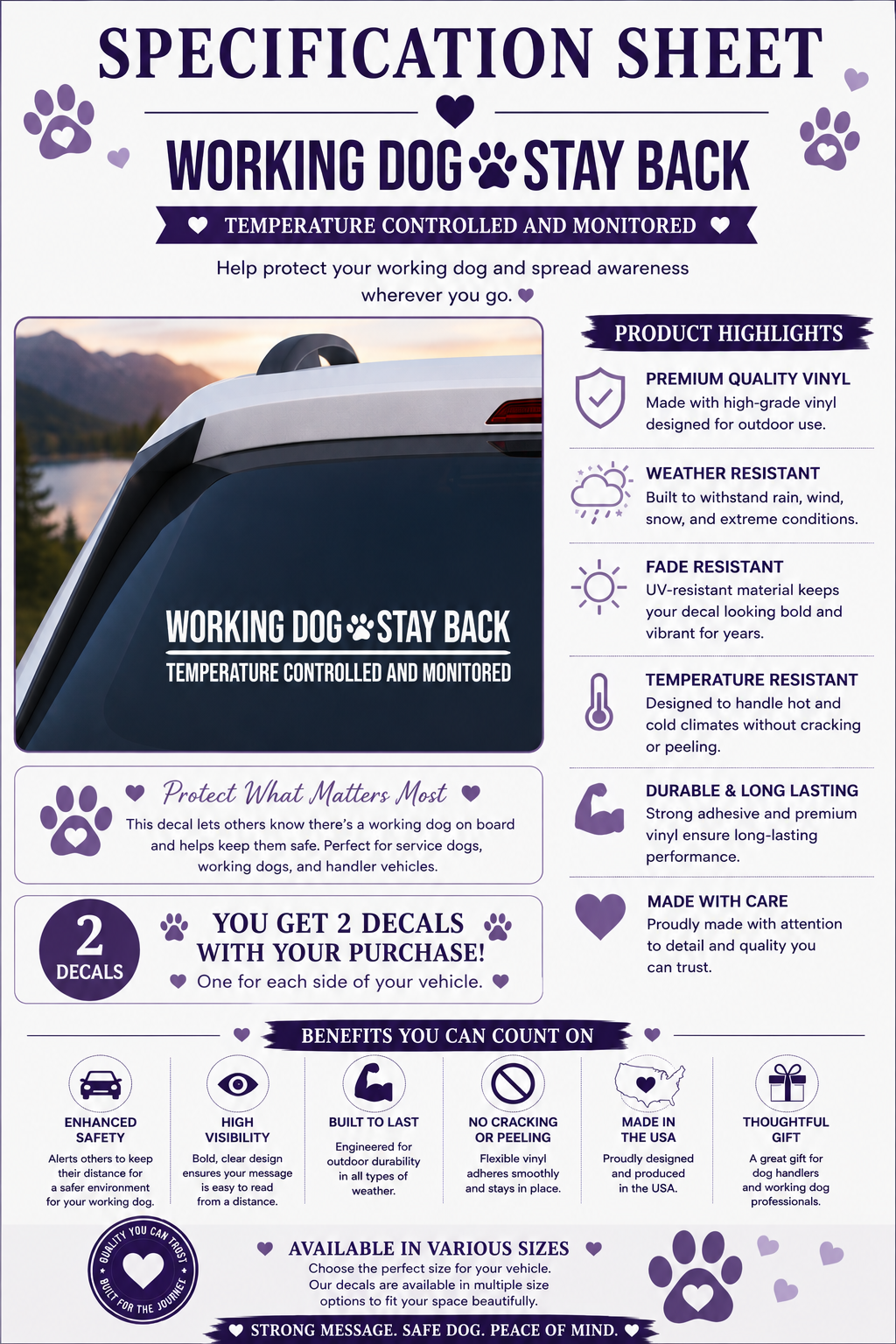 Working Dog Stay Back Decal Set – Temperature Controlled and Monitored Vinyl Vehicle Sticker | Set of 2