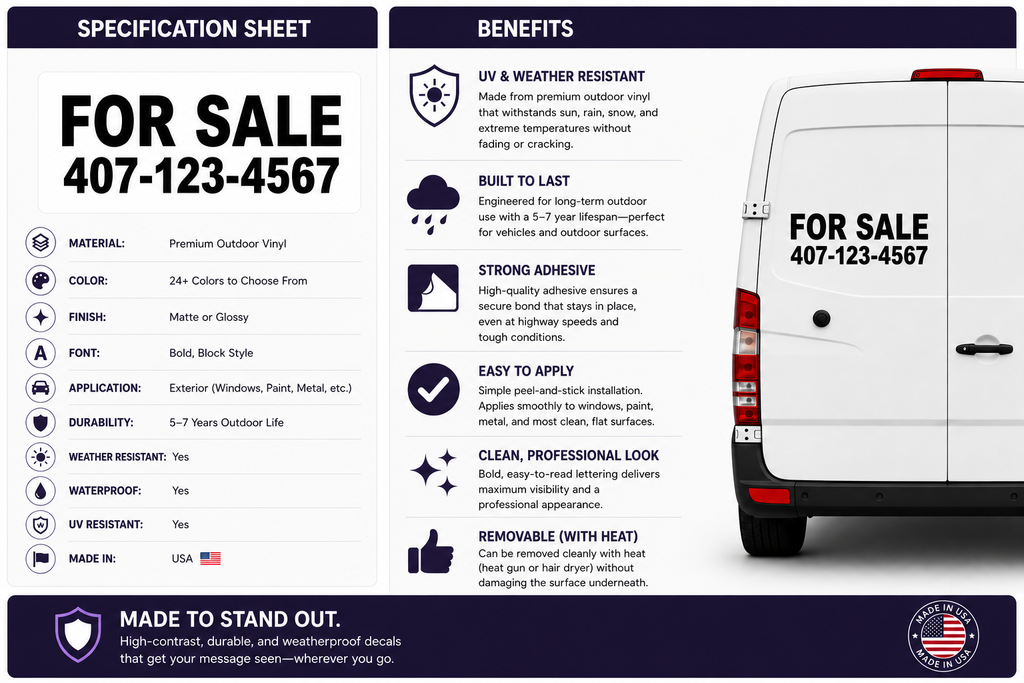 Custom FOR SALE Car Window Decal with Phone Number – Waterproof Vinyl Vehicle Sale Sticker for Cars, Trucks, Vans & RVs