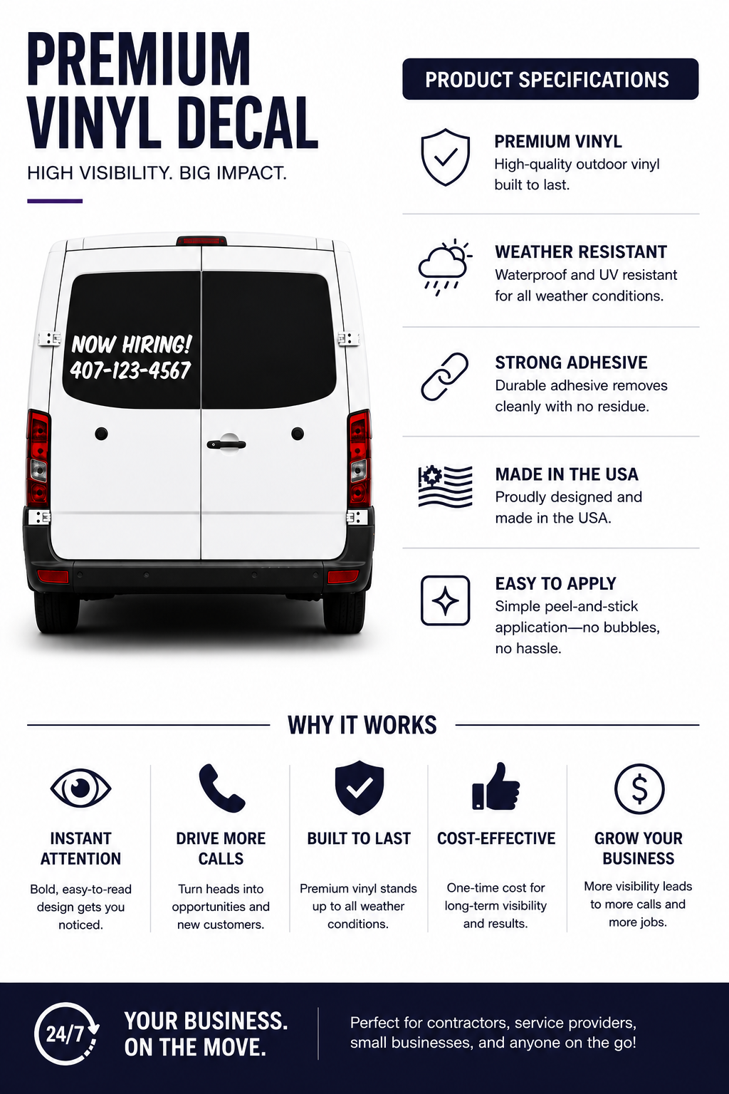 Now Hiring Window Decal – Custom Business Hiring Sign Vinyl Sticker for Car, Truck, Van or Storefront
