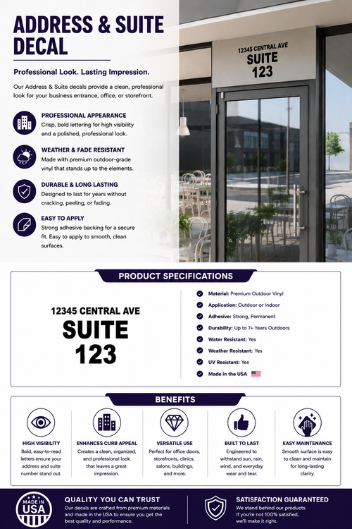 Custom Address & Suite Number Decal for Storefront, Office & Business Entrance – Waterproof Vinyl Lettering