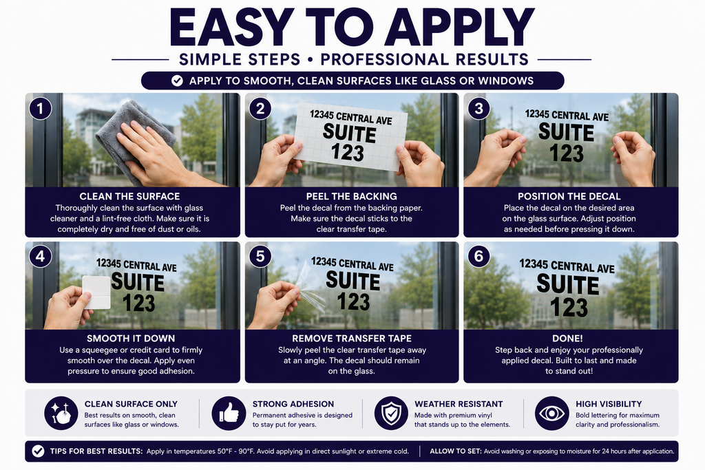 Custom Address & Suite Number Decal for Storefront, Office & Business Entrance – Waterproof Vinyl Lettering