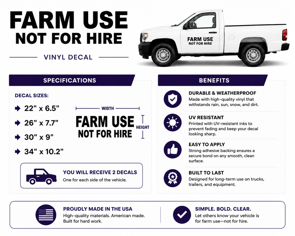 Farm Use Not For Hire Decal for Trucks & Farm Vehicles – Waterproof Vinyl Lettering