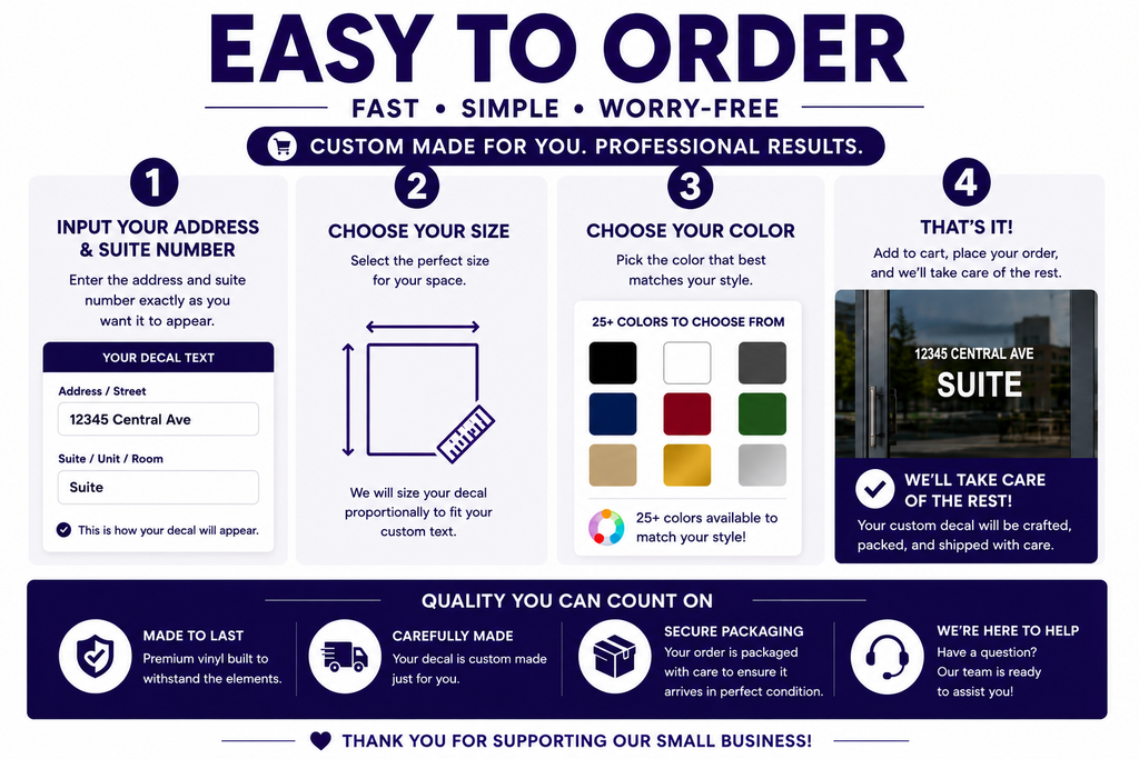 Custom Address & Suite Number Decal for Storefront, Office & Business Entrance – Waterproof Vinyl Lettering