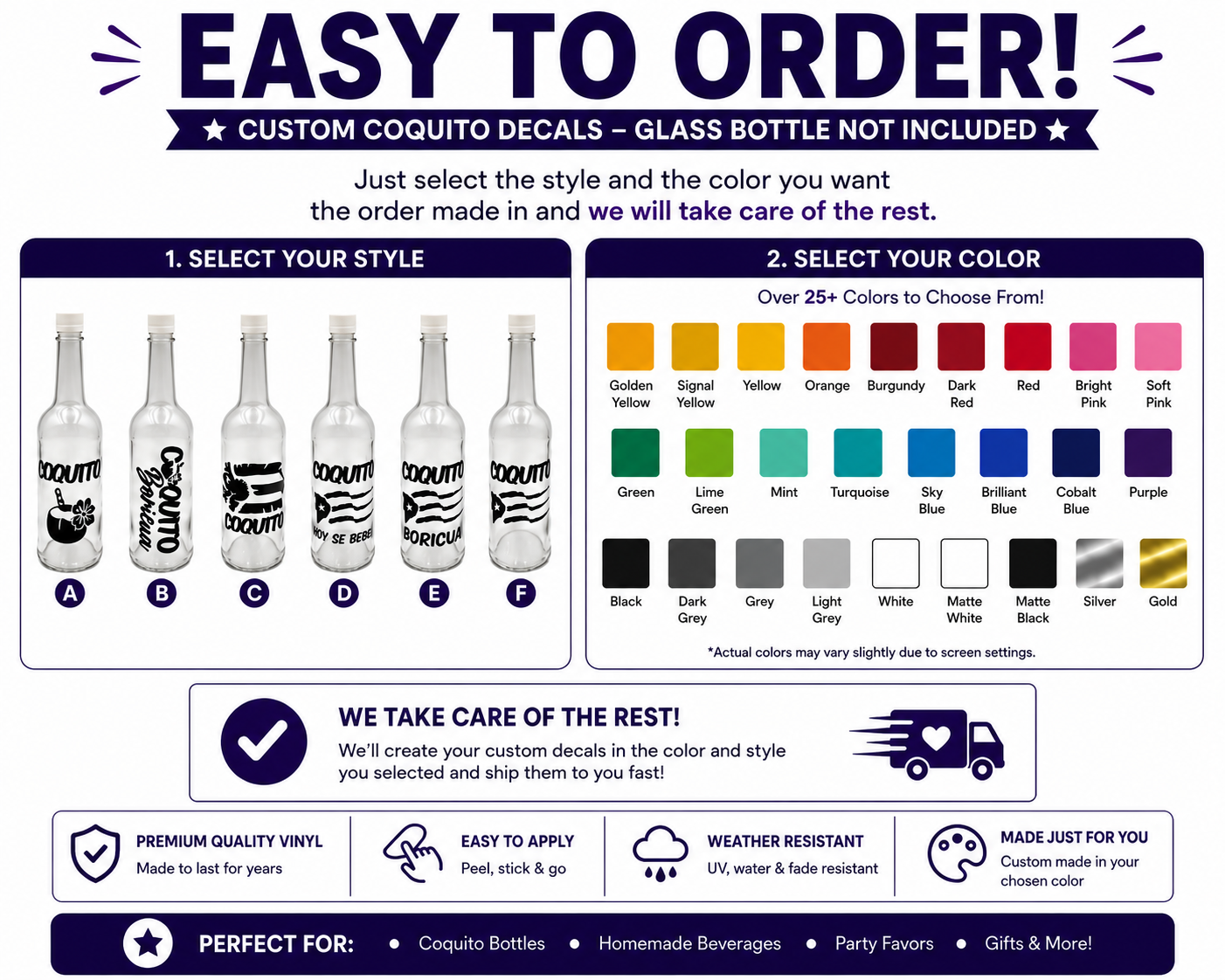 Custom Coquito Bottle Decals – Puerto Rican Vinyl Bottle Labels – 2, 6 or 12 Pack Available – Holiday Party Favor Stickers