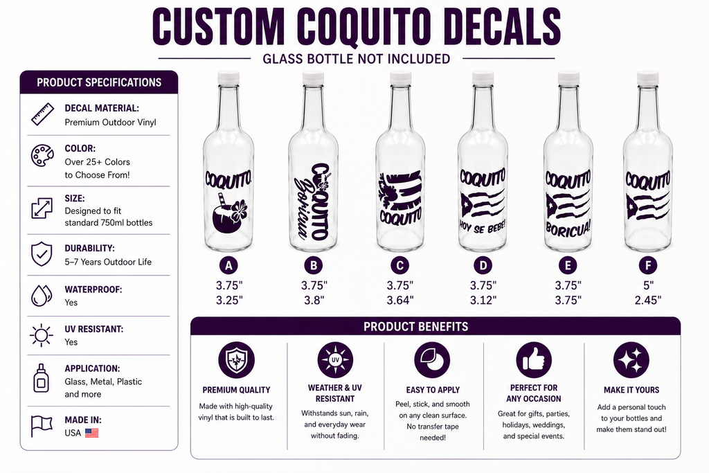 Custom Coquito Bottle Decals – Puerto Rican Vinyl Bottle Labels – 2, 6 or 12 Pack Available – Holiday Party Favor Stickers