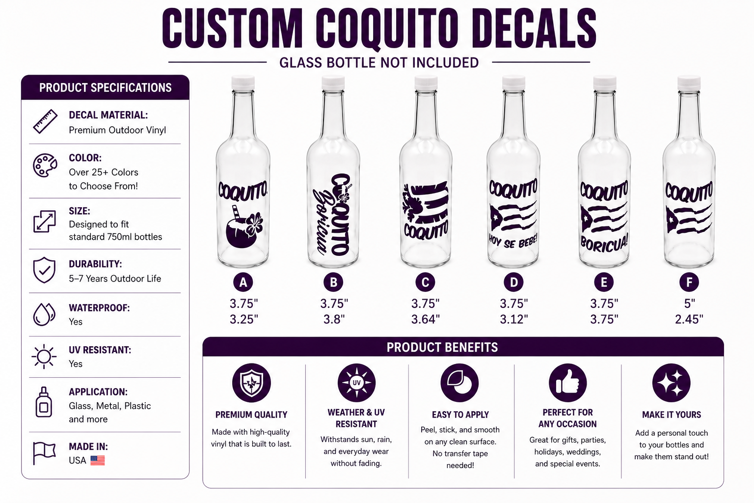 Custom Coquito Bottle Decals – Puerto Rican Vinyl Bottle Labels – 2, 6 or 12 Pack Available – Holiday Party Favor Stickers