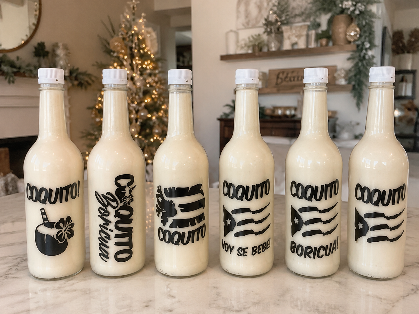 Custom Coquito Bottle Decals – Puerto Rican Vinyl Bottle Labels – 2, 6 or 12 Pack Available – Holiday Party Favor Stickers