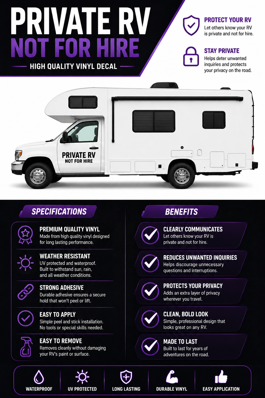 Private RV Not For Hire Decal Set of 2 – Waterproof Outdoor Vinyl Lettering for RV, Camper & Motorhome – Multiple Sizes & 25+ Colors