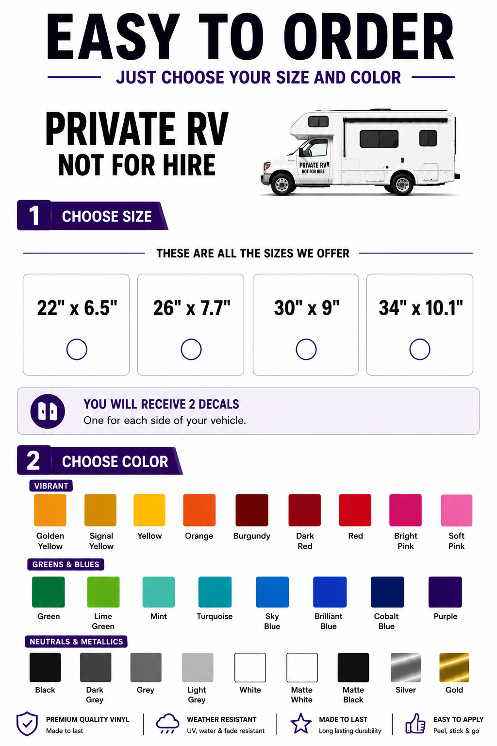 Private RV Not For Hire Decal Set of 2 – Waterproof Outdoor Vinyl Lettering for RV, Camper & Motorhome – Multiple Sizes & 25+ Colors