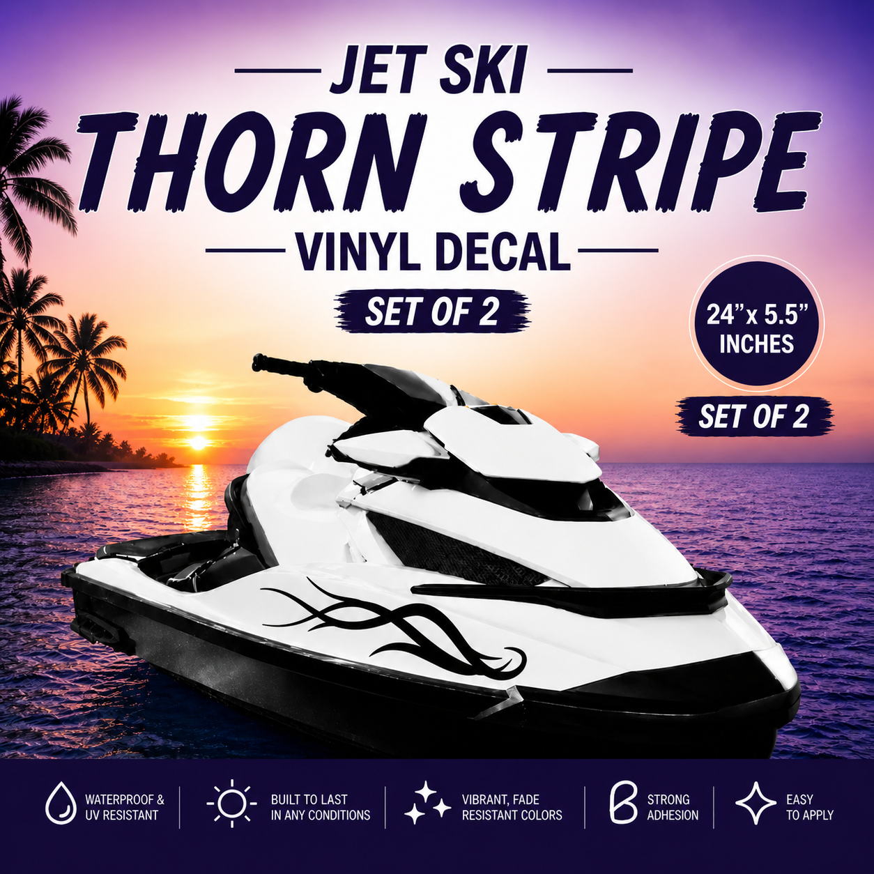 Thorn Stripe Jet Ski Decals, Tribal Design, 24 x 5.5 Inches, Vinyl Sticker Set for Watercraft, 2 Piece