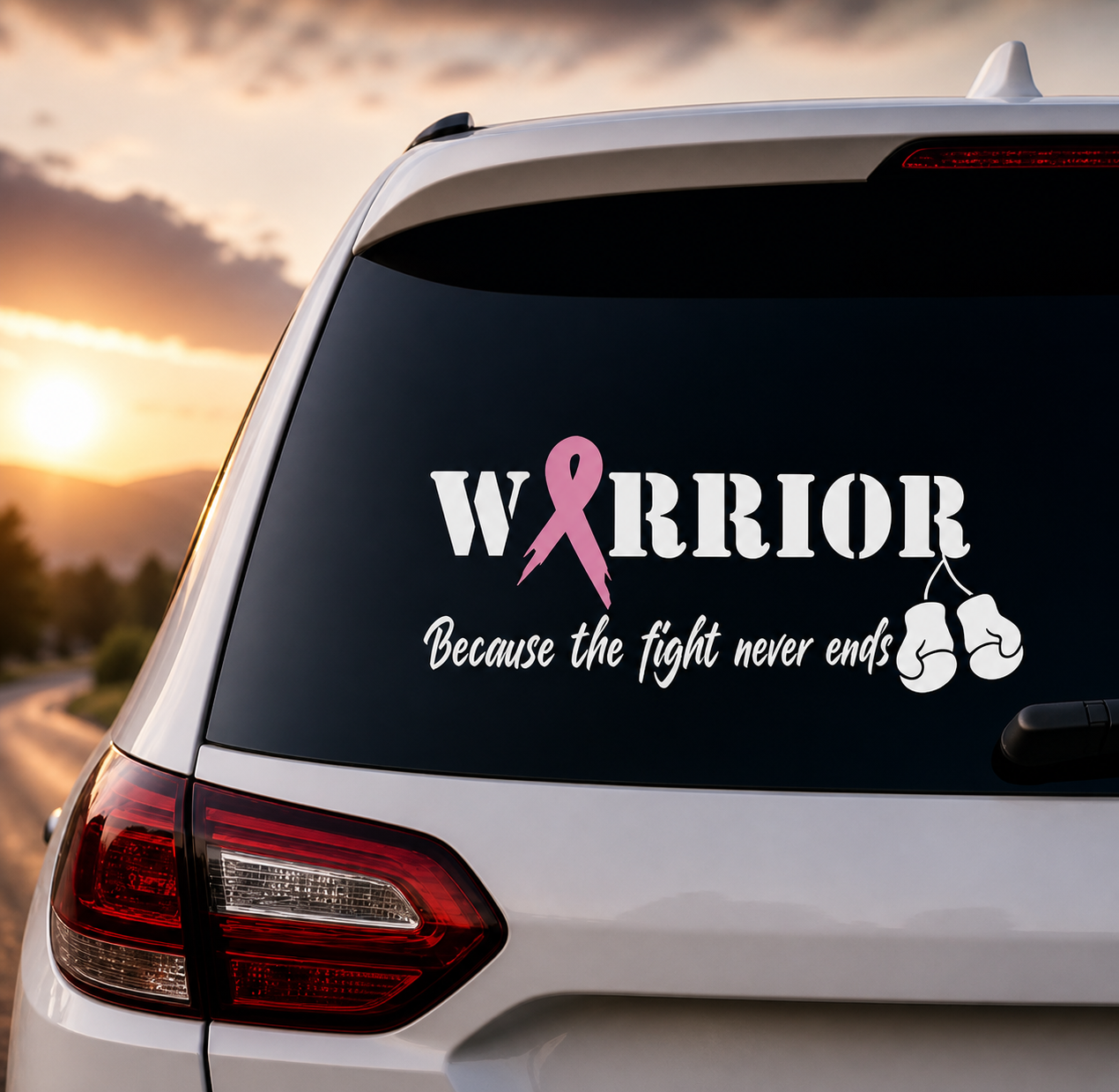 Warrior Cancer Awareness Vinyl Decal with Pink Ribbon and Boxing Gloves, Because The Fight Never Ends
