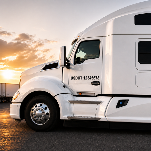 White truck with US DOT number on a road at sunset