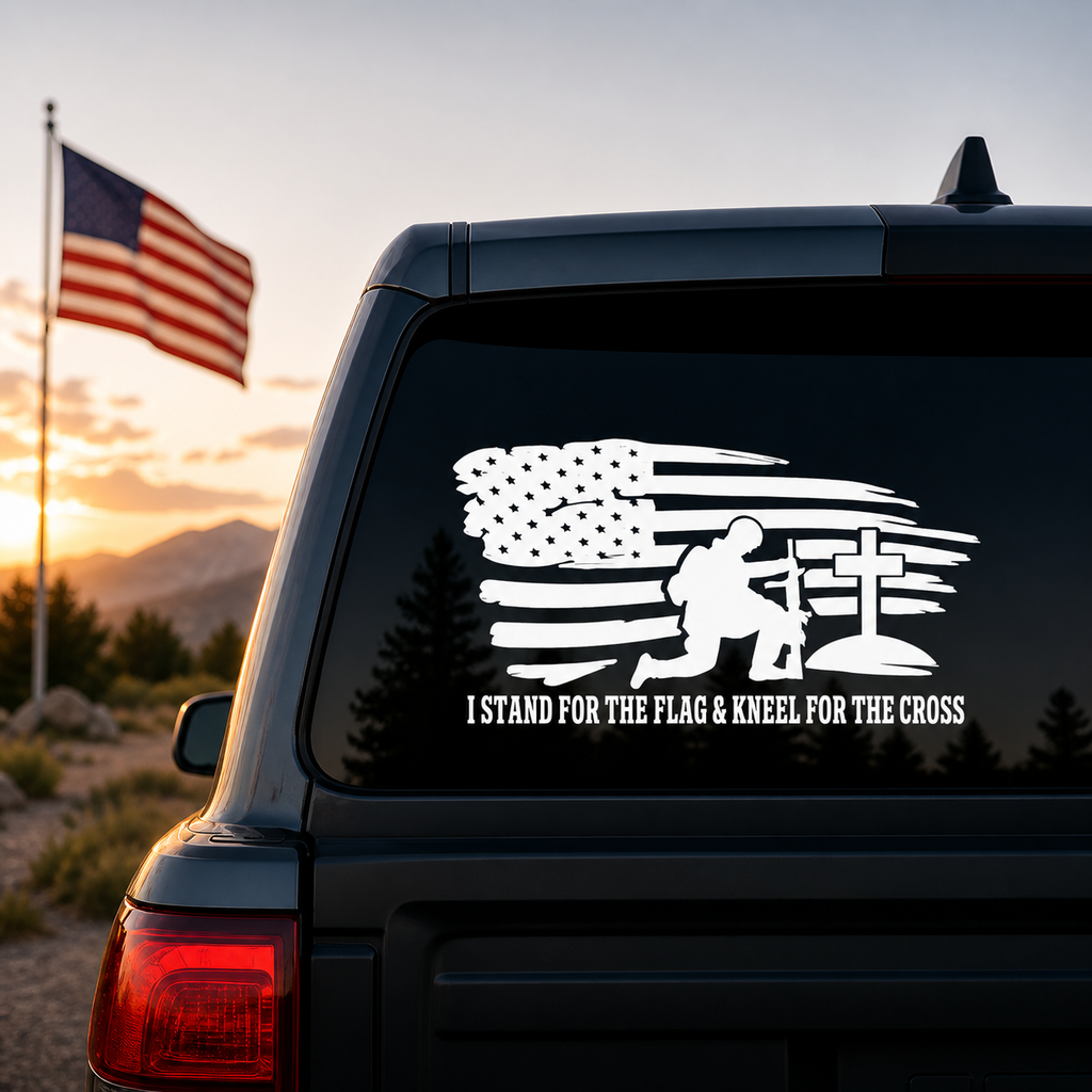I Stand for The Flag and Kneel for The Cross Vinyl Decal Sticker, US Flag Design, White