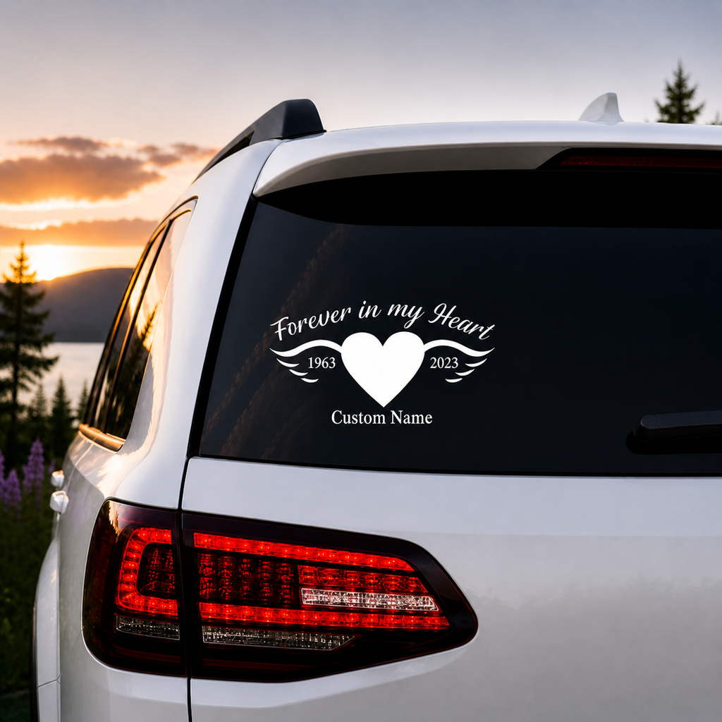 Forever in My Heart Memorial Car Decal, Customizable Name and Years, Angel Wings with Heart Design, Vinyl Window Sticker