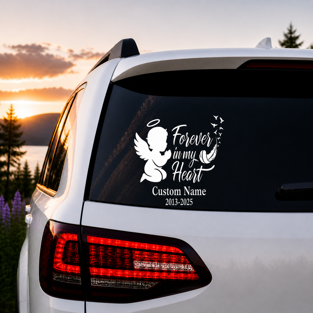 Random Little Finds Boy Angel Memorial Decal, Forever in My Heart Custom Name Vinyl Sticker, for Glass and Smooth Surfaces