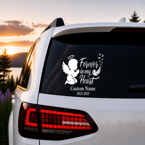 Random Little Finds Boy Angel Memorial Decal, Forever in My Heart Custom Name Vinyl Sticker, for Glass and Smooth Surfaces - Random Little Finds