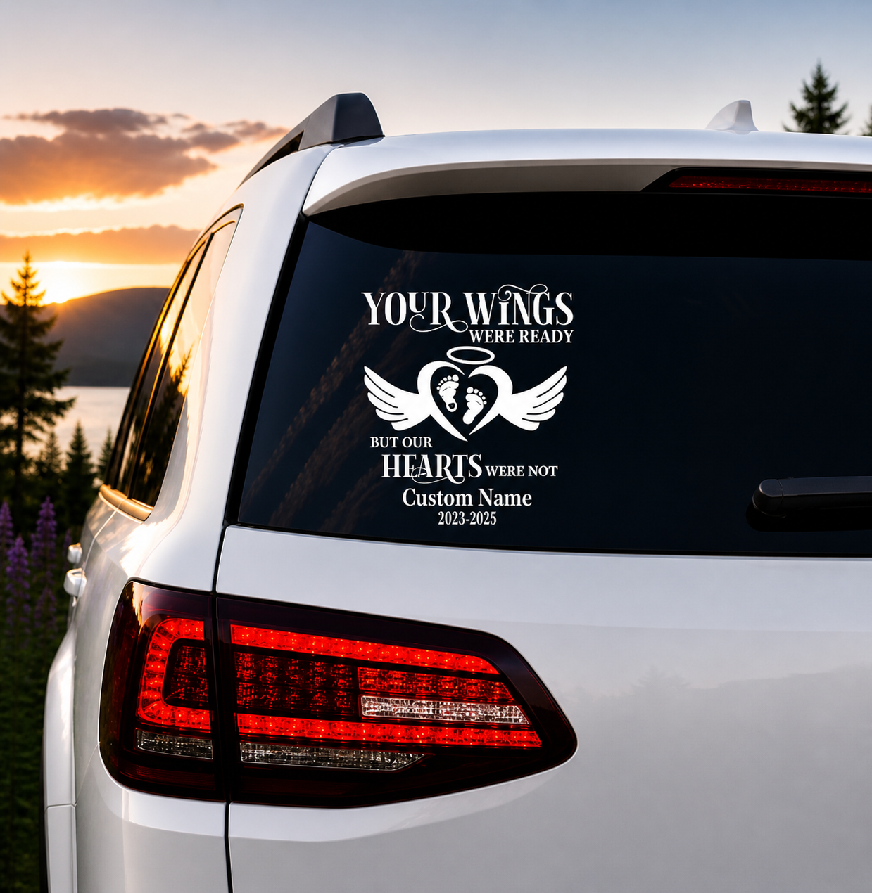 Your Wings were Ready but Our Hearts were Not Memorial Decal, Custom Name with Baby Feet, Angel Wings and Halo Design, 7.5x9 Inch Vinyl Car Sticker