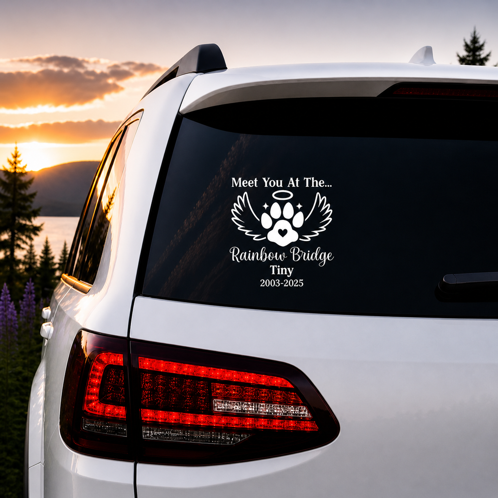 Pet Memorial Car Decal, Meet You at The Rainbow Bridge Window Sticker with Angel Wings and Paw Print, Customizable Vinyl Decal