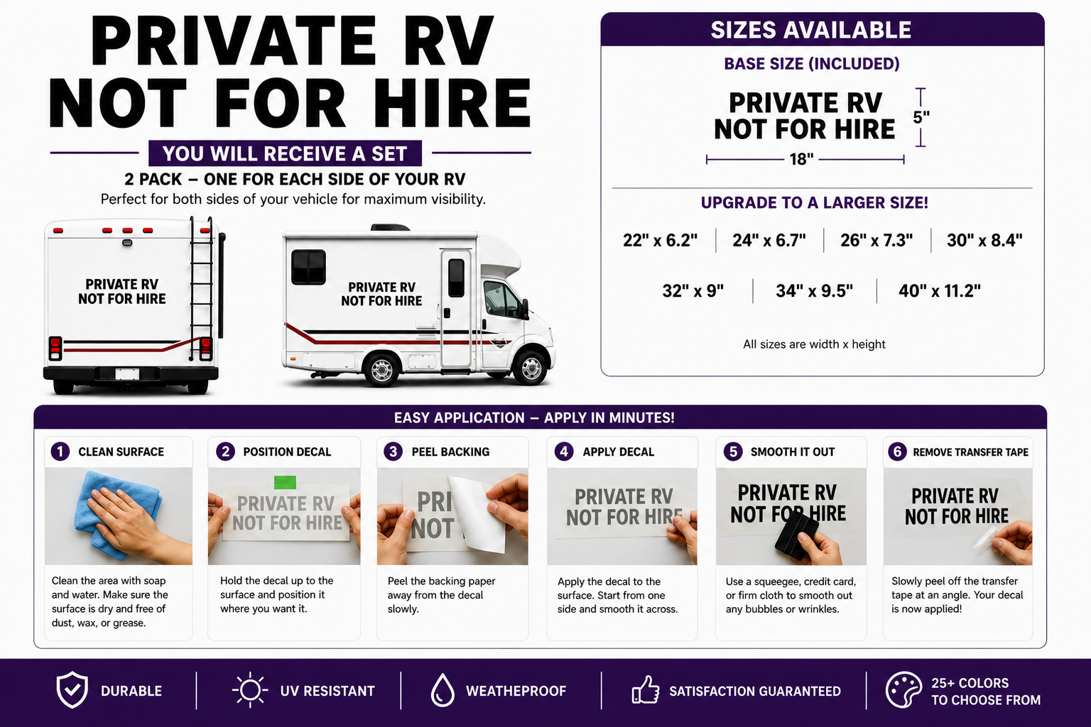 Private RV Not for Hire Set of 2 Vinyl Decal Stickers Motor Home Signs