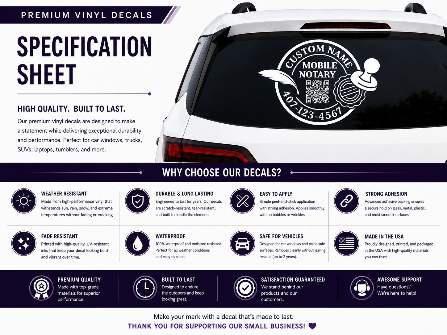 Custom Mobile Notary Public Vinyl Decal, Personalized Car Window Sticker with QR Code, Multiple Colors Available